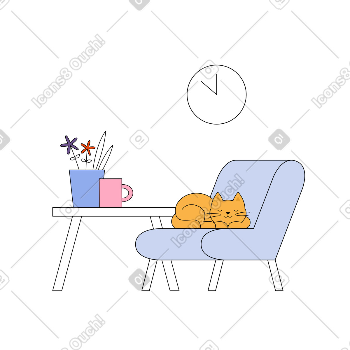 Katze schläft im wohnzimmer-Illustration Bloom-Stil als Download in PNG, SVG