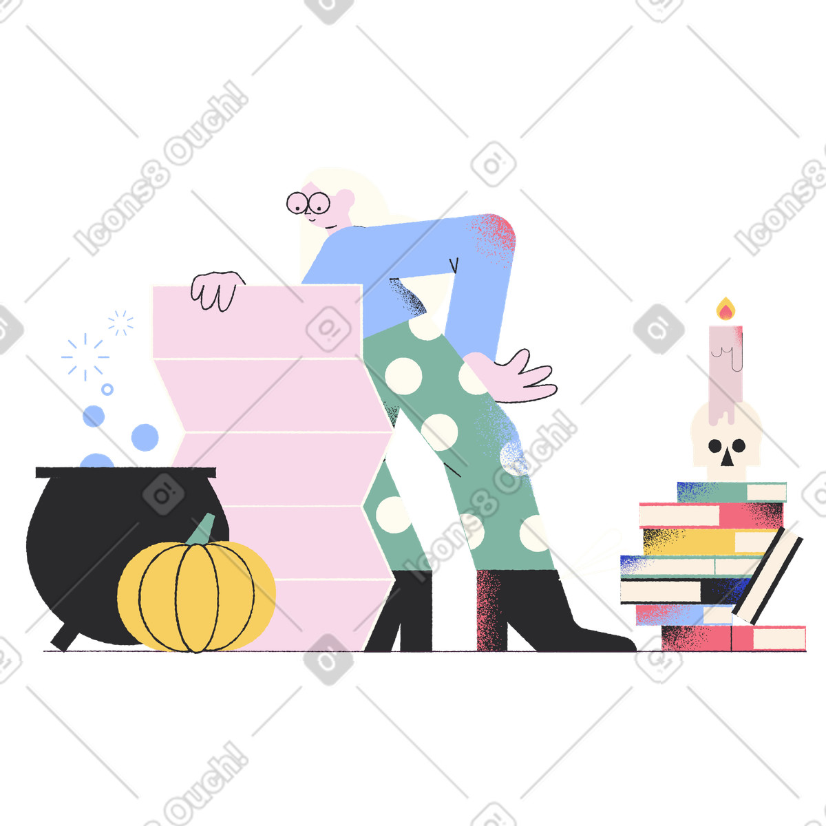 Illustration Femme avec une liste d'ingrédients pour préparer potion dans le style Pablo à télécharger aux formats PNG, SVG