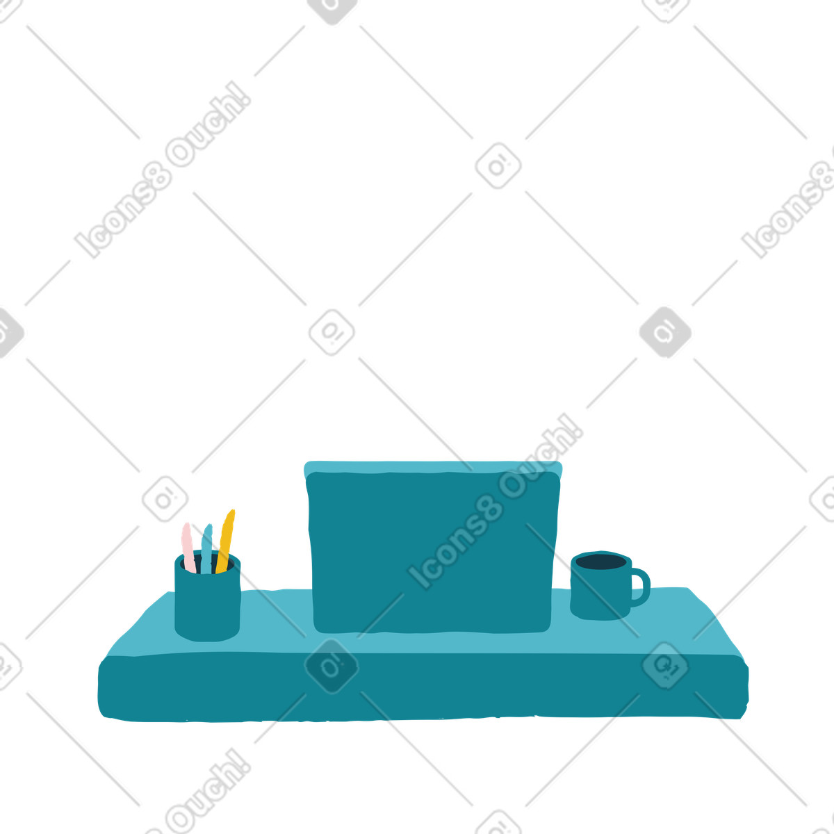 下载 Flamenco 风格的 带笔记本电脑和杯子的桌面 插画，支持 PNG、SVG 格式