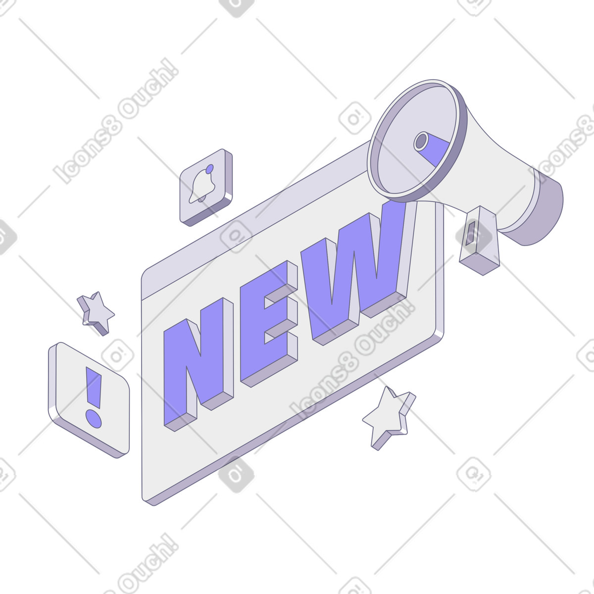 Ilustración New message lettering with megaphone and stars, Release notification en estilo Modul a descargar en PNG y SVG