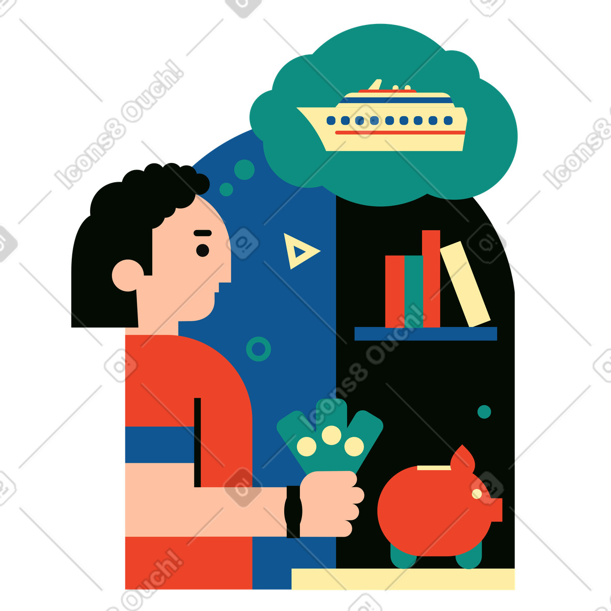 Man saving up for a cruise animated illustration in Polar style download in GIF, Lottie (JSON), AE