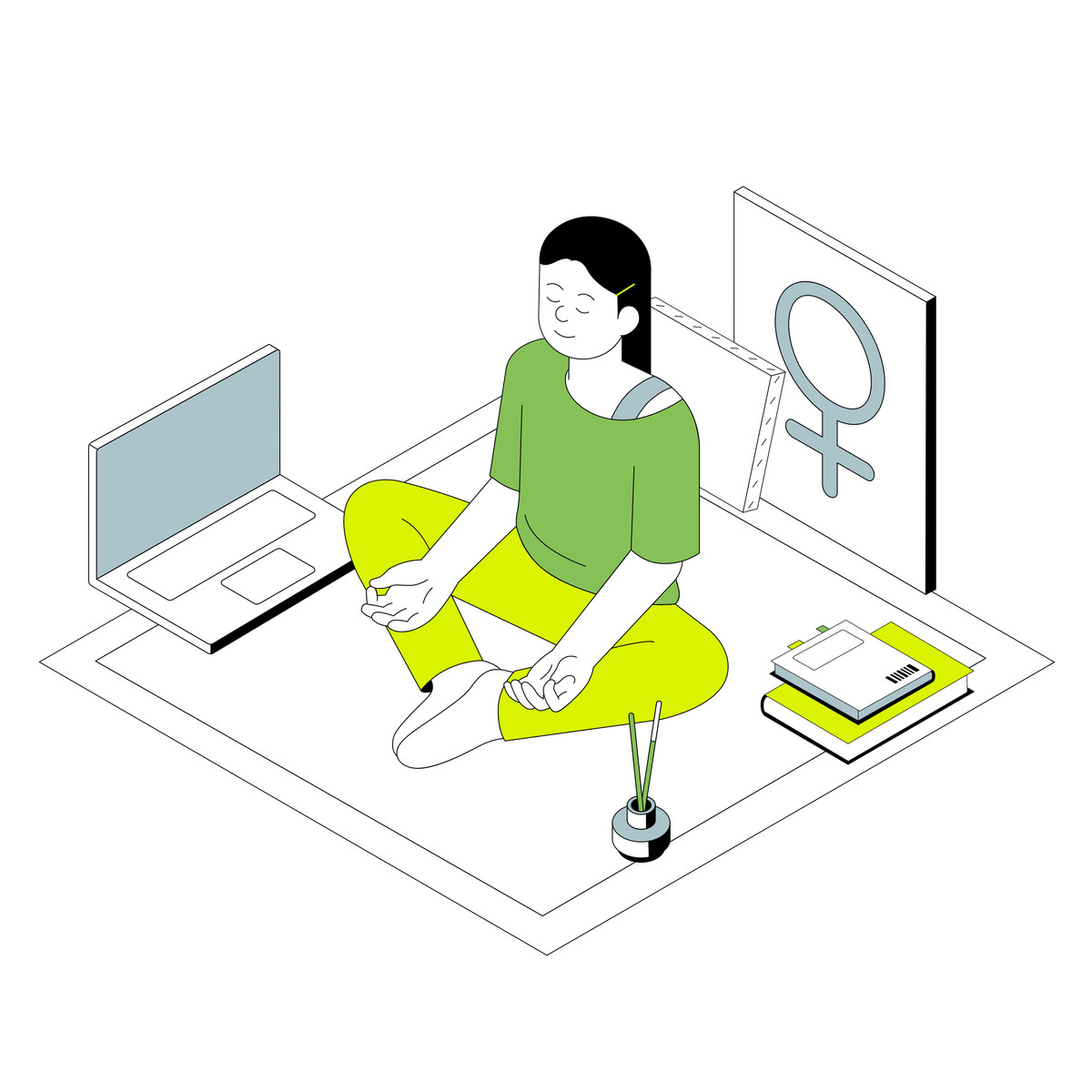 Isometric 스타일의 집에서 명상하는 여자 일러스트레이션 PNG, SVG 다운로드