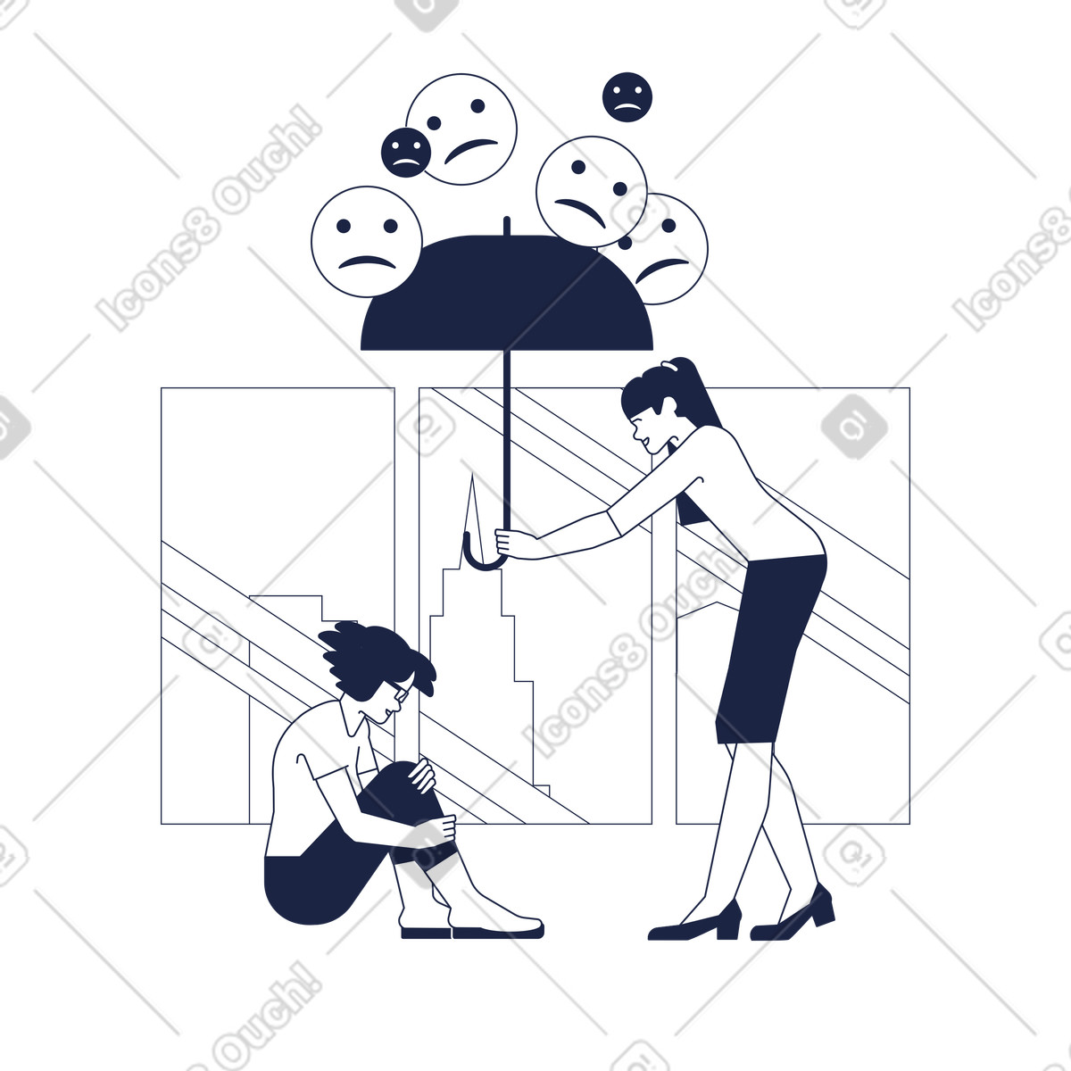 Ilustración Helping a friend with depression, Mental health and emotional support en estilo Urban Line descargar en PNG y SVG
