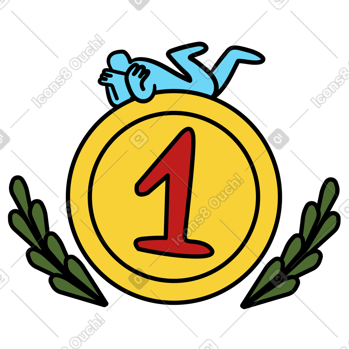 Person lying on a golden medal winning first place being successfull illustration in style download in PNG, SVG