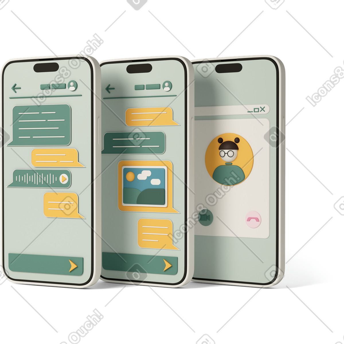 下载 3D Casual life 风格的 Three smartphones with chat windows 插画，支持 PNG、SVG 格式
