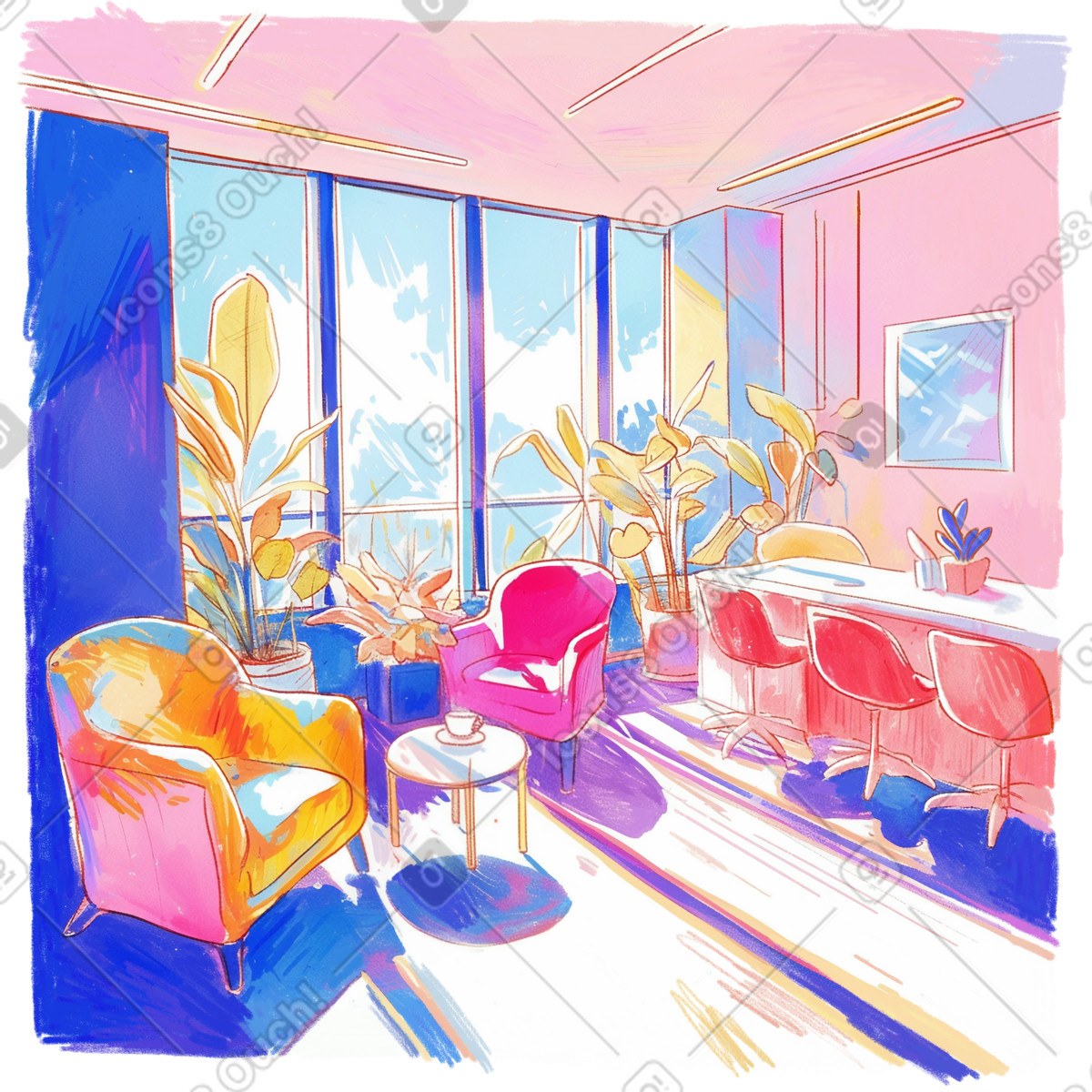 Illustration Coin salon lumineux avec table basse et comptoir de bar dans le style Fuchsia à télécharger aux formats PNG, SVG