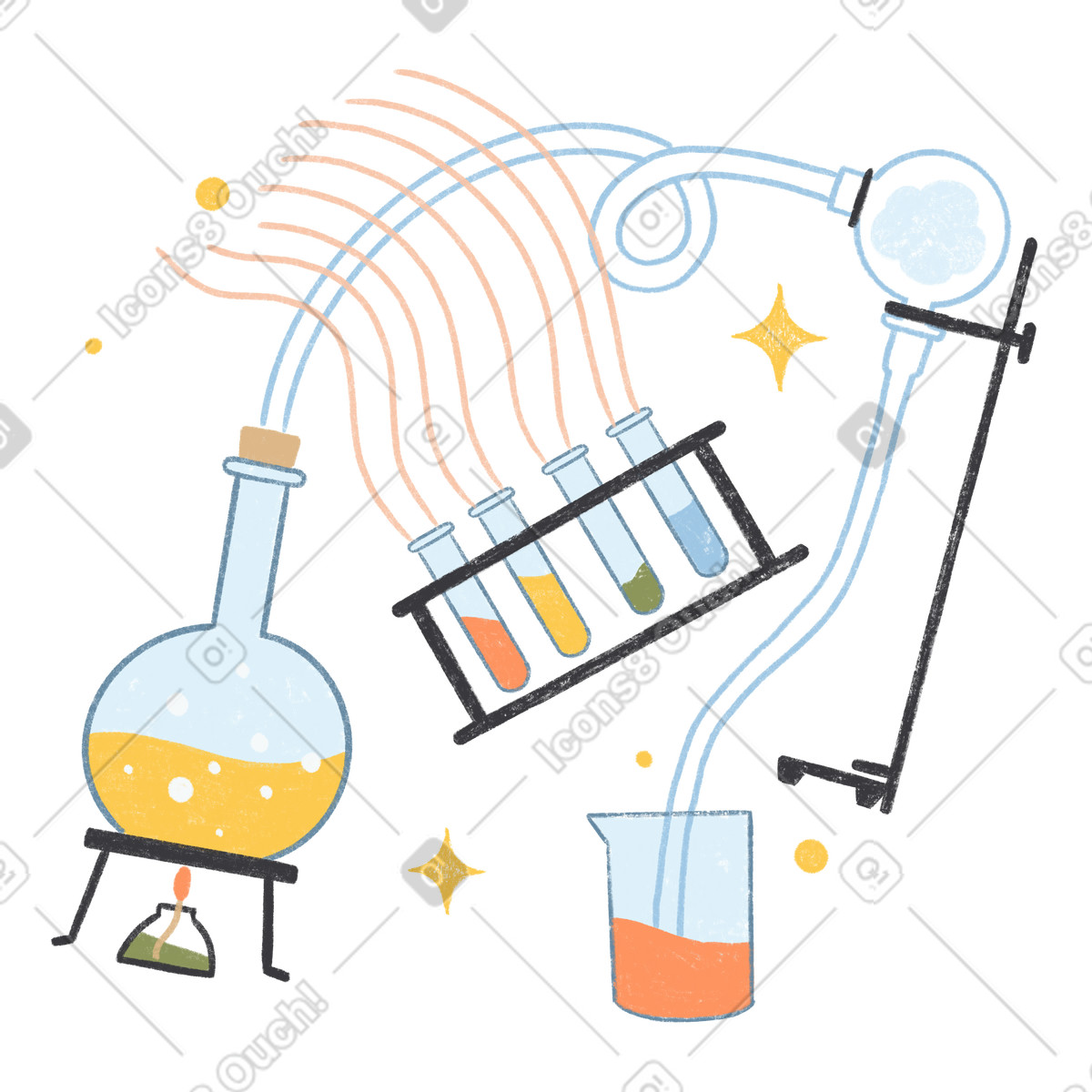 Colorful laboratory glassware and test tubes, Fun chemistry experiments for kids illustration in Chalky style download in PNG, SVG