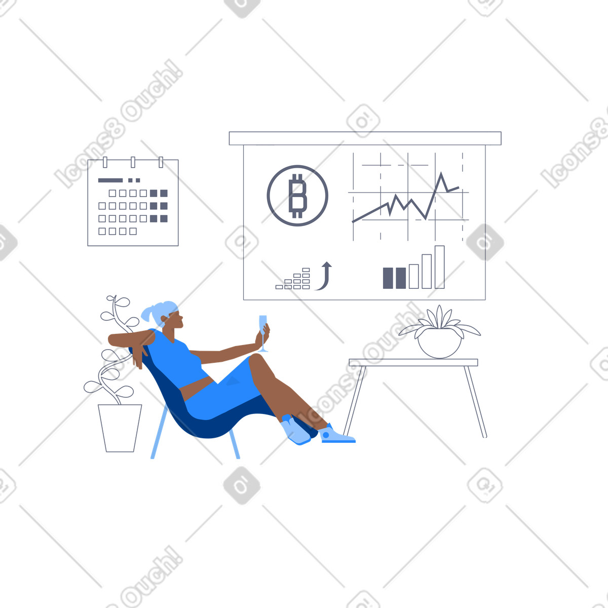 Investor relaxing while monitoring bitcoin growth, cryptocurrency investment growth illustrazione in stile Urban scarica in PNG, SVG