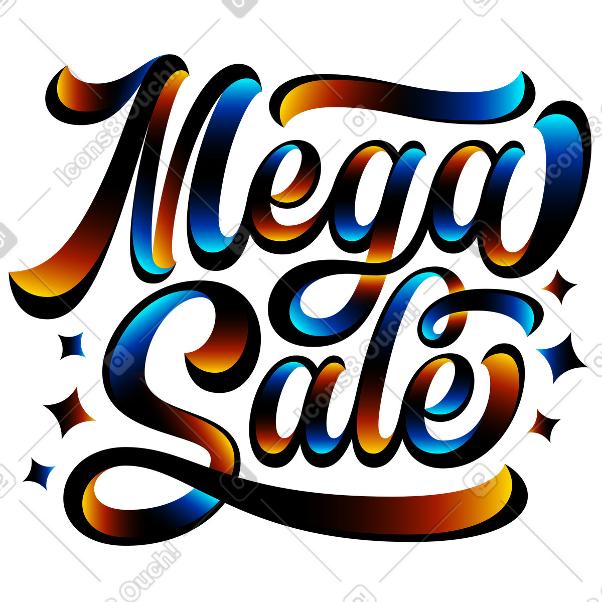 Lettering mega sale with blue and yellow gradient shadow text illustration in style download in PNG, SVG