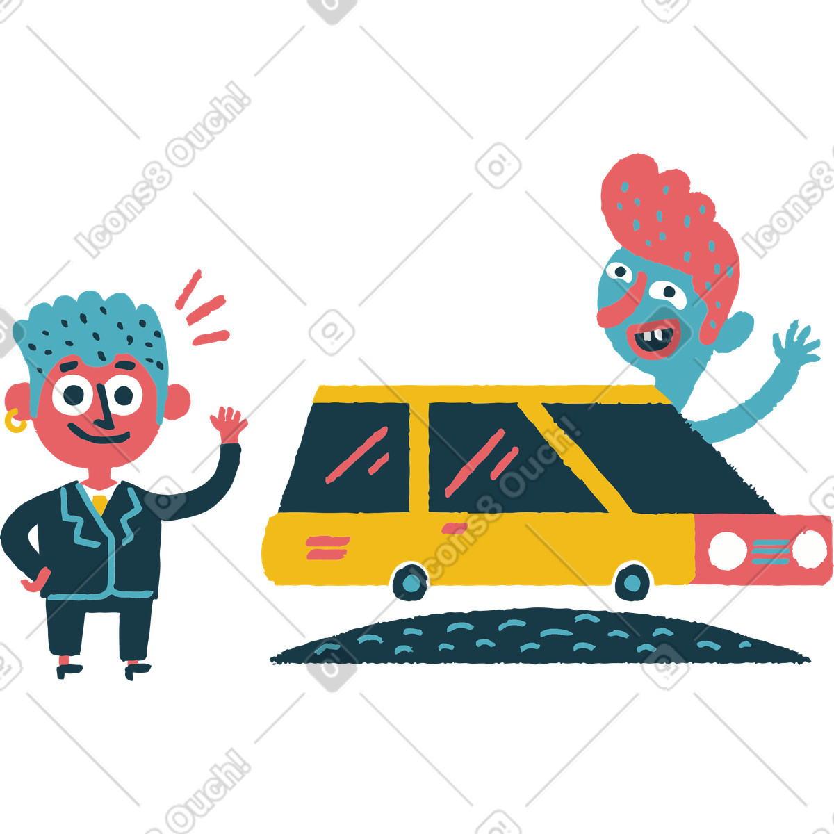 Car driver waving to friend, Friendly greeting or come back later illustration in Flamenco style download in PNG, SVG