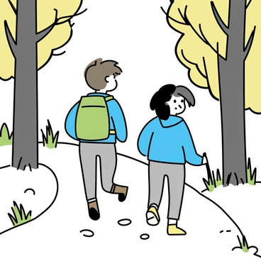 Two friends are hiking along a narrow trail that winds through a dense forest. One friend, wearing a green backpack and brown hiking boots, is slightly ahead with short brown hair, gazing upwards at the tall trees. The other friend, following closely behind, has long black hair tied in a ponytail, wearing a blue jacket and gray pants. Both are leaving footprints side by side in the soft earth of the trail, with patches of grass and small rocks scattered around. Sunlight filters through the tree branches, casting dappled shadows on the ground.