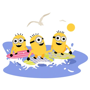A group of small yellow Minions riding colorful surfboards on a bright blue ocean. Each Minion has a unique surfboard design, with patterns like stripes and polka dots. The Minions are wearing sunglasses and have big smiles as they catch waves. In the background, white foam splashes up from the waves, and a clear sky with a shining sun is visible above. Seagulls fly overhead, adding to the lively beach atmosphere.