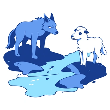 A dark blue menacing wolf with sharp features is standing on one side of a grey rippling stream, its piercing eyes fixed on its surroundings. On the opposite side, a pure white innocent lamb looks up with wide, curious eyes, its fluffy coat glistening in the light. The stream flows gently between them, reflecting the contrasting colors of the two animals. The wolf's stance is tense and alert, while the lamb appears calm and unassuming, creating a stark juxtaposition of predator and prey.