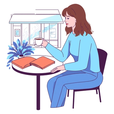 An independent woman with shoulder-length brown hair is sitting at a small round table outside a sidewalk café. She is wearing a light blue sweater and denim jeans. In her right hand, she holds a steaming cup of coffee, while her left hand is turned pages of an open book resting on the table. The book cover is a vibrant orange, contrasting with the white pages. The café has a few plants in pots nearby, and there is a gentle sunlight casting soft shadows around her.