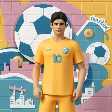 A man with short black hair, wearing a bright yellow soccer jersey with the number "10" on it, stands confidently against a textured city wall. He has a focused expression and is striking a dynamic pose, as if ready to kick a soccer ball. The vibrant mural behind him features abstract shapes and colors that represent movement and energy, incorporating elements like soccer balls, city skylines, and graffiti-style lettering. The scene captures the intersection of sports and street art, with the mural seamlessly blending into the urban environment around it.