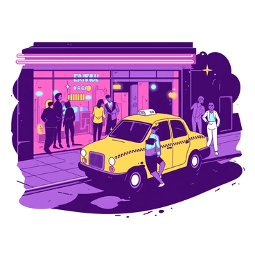 A yellow British taxi is parked just outside a brightly lit nightclub. The taxi's doors are open, and two passengers are stepping out onto the pavement. The exterior of the nightclub is adorned with vibrant neon lights in various colors, illuminating the scene. A group of people is gathered near the entrance, chatting and laughing, while others are waiting in line to enter the nightclub. The atmosphere is lively, with the glow from the lights reflecting off the wet pavement from a recent rain.