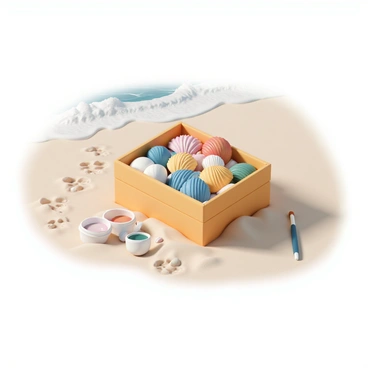 An illustration box on the sandy beach filled with seashells and paints, inviting beachgoers to create art.