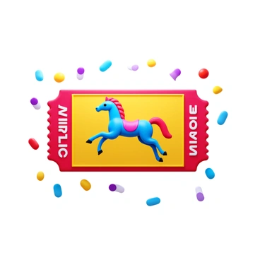 A lively carnival ticket featuring a detailed "carousel horse" in mid-gallop. The horse is adorned with vibrant colors, including shades of blue, pink, and gold. Surrounding the ticket, there are scattered pieces of "colorful confetti" in various shapes and sizes, adding a festive atmosphere. The ticket has bold, decorative borders and includes the words "Admit One" prominently displayed.