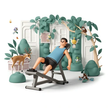 A person, wearing a blue tank top and black shorts, is using a leg press machine in a forest-themed gym. The gym features walls adorned with vibrant green foliage and wooden accents. Surrounding the person are various animals, including a curious deer with big eyes, a playful squirrel perched on a nearby tree branch, and a few colorful birds fluttering around. Sunlight filters through the leaves, casting dappled shadows on the ground. The atmosphere is lively, capturing the essence of nature while showcasing the unique gym setting.