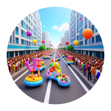 A drone capturing footage of a vibrant city parade from an aerial perspective. The scene includes a diverse crowd of people, wearing festive clothing and holding colorful banners. Floats decorated with bright flowers and bold patterns are moving through the streets. Balloons in various shapes and colors are floating above the crowd. The buildings in the background are adorned with festive lights, enhancing the lively atmosphere. The sky is clear, allowing for a bright and sunny day.