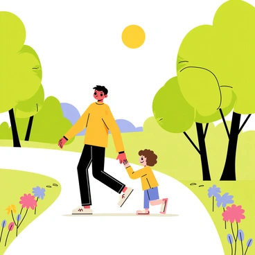 A parent with short black hair is holding the small hand of a child with curly brown hair. They are walking along a scenic park path that is lined with vibrant green trees. Colorful flowers bloom along the edges of the path, adding shades of pink, yellow, and blue. The sky is clear with a bright sun shining down, casting soft shadows on the ground. The parent and child are smiling, enjoying their time together as they stroll through the peaceful environment.