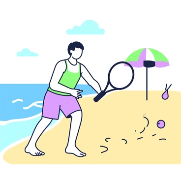 A tennis player is positioned on a sandy beach, engaging in a casual game. The player is wearing a light tank top and shorts, with a tennis racket in their right hand. They are barefoot, with their toes digging into the warm sand. To the left, a bright blue ocean is visible, with gentle waves lapping at the shore. In the background, a clear sky stretches above, scattered with a few fluffy clouds. A small beach ball rests nearby, and a colorful beach umbrella stands on the sand a short distance away.