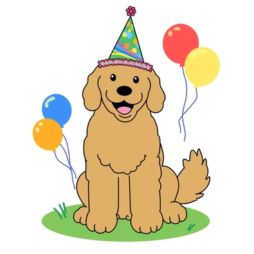 A fluffy labradoodle with wavy fur sits happily on a grassy patch. The dog is wearing a vibrant, multi-colored birthday hat adorned with bright streamers. Its mouth is open in a big, joyful smile, showcasing its friendly demeanor. The background includes colorful balloons floating in the air, adding to the festive feel. The sun shines brightly, illuminating the dog's fur and the cheerful atmosphere.