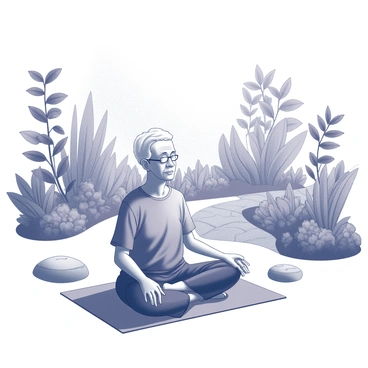 A senior citizen is sitting in a cross-legged position on a mat. The individual has white hair and is dressed in comfortable and loose-fitting clothing. They have their eyes closed and hands resting on their knees, engaging in meditation. Surrounding the person is a lush garden filled with various plants and trees, creating a serene atmosphere. The garden features a small stone path winding through the greenery. There are a few large stones arranged thoughtfully within the space, adding to the tranquil setting. The sunlight filters softly through the leaves, casting gentle shadows on the mat.