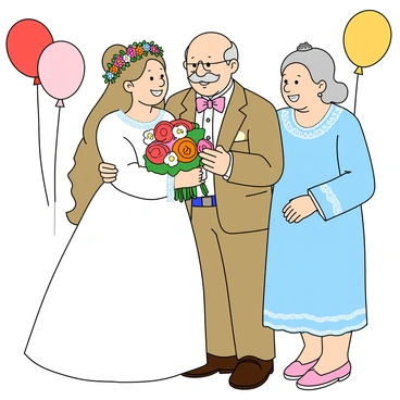 A cartoon bride with a white dress decorated with colorful flowers is hugging her two grandparents. The bride has long flowing hair adorned with a floral tiara. Her grandparents are standing beside her; the grandmother has gray hair styled in a bun, wearing a light blue dress with lace details, while the grandfather has a gray mustache and is dressed in a classic suit with a bow tie. They all have big smiles on their faces, and the background features wedding decorations like balloons and flowers. The mood of the scene conveys warmth and joy.