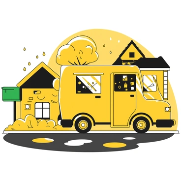 A mail truck is parked on a street in a neighborhood, its side door open with letters stacked inside. The truck is yellow with black details, and raindrops are visibly falling around it. Puddles are forming on the asphalt as the rain creates small ripples on the surface. Nearby, a green mailbox is seen with letters emerging from it. Houses with black roofs line the street, their windows reflecting the rainy atmosphere. A few trees are scattered around, their leaves glistening with moisture. The scene captures the tranquil moment of mail delivery amidst the gentle rain.