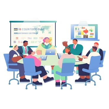 A NATO meeting room features a large circular table at the center, surrounded by representatives from various countries. Each representative is dressed in formal business attire, and they come from diverse backgrounds, with varying skin tones and hair colors. Some representatives have laptops open in front of them, while others hold documents or notepads. The room is brightly lit with modern overhead lighting, and there are flags of different nations displayed around the room. A large screen on one wall shows a presentation related to international cooperation. The atmosphere is focused as the representatives engage in discussion.