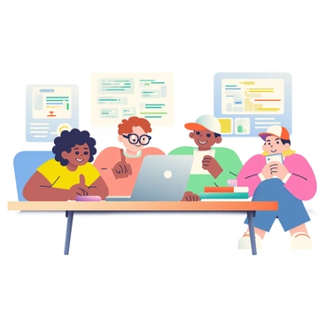 A group of four children is gathered around a laptop on a wooden table. The first child, a girl with curly black hair wearing a bright yellow shirt, is pointing at the screen with excitement. Next to her, a boy with glasses and short brown hair is leaning in, focusing intently on the laptop display. On the other side, a girl with straight blonde hair is writing notes in a colorful notebook, while a boy with a baseball cap is smiling, holding a tablet in his hands. The room is bright and filled with posters of computer programming concepts on the walls. A stack of coding books is visible on the table next to the laptop.