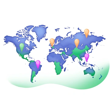 A world map featuring various colored pins indicating locations where stock illustrations are downloaded. Each pin is distinct, showcasing a different color, such as red, blue, green, and yellow. The map is detailed, highlighting country borders and major cities, giving a clear sense of geography. The pins are scattered across multiple continents, with clusters in regions where stock illustration usage is high. The background of the map is a soft pastel shade, enhancing the visibility of the pins and geographical details.