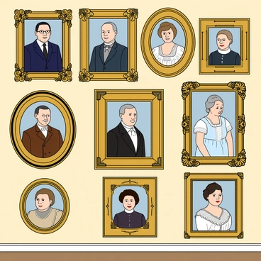 A wall displaying a series of ancestral portraits, each captured in ornate, golden frames, with intricate designs and embellishments. The portraits feature individuals from different generations, showcasing a variety of attire from various historical periods. Some portraits depict men in formal suits, while others show women in elegant dresses adorned with lace and ruffles. The wall itself is painted in a soft cream color, enhancing the richness of the frames. The portraits are arranged in a grid pattern, with varying sizes, creating a visually appealing gallery. Each face reflects a distinct character and personality, contributing to the family's history.