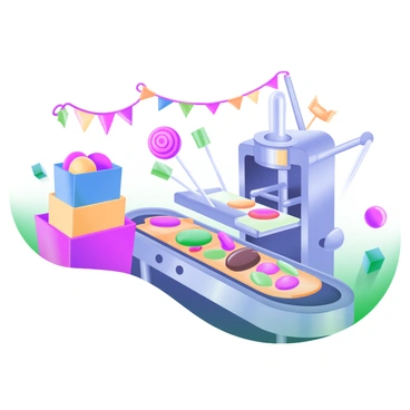 A modern pastel illustration depicting a candy factory assembly line. The scene shows various types of sweets, such as lollipops, chocolates, and gummies, being wrapped in shiny, colorful wrappers. Machines with smooth, rounded edges are gently moving the wrapped candies along the conveyor belt. Brightly colored boxes in shades of pink, blue, and yellow are stacked on one side, ready to be filled. The background features whimsical candy-themed decorations, adding to the playful atmosphere of the factory.