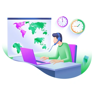 A modern pastel illustration depicting an agent sitting at a desk while speaking on the phone with an international caller. The agent is focused and wearing a headset. In the background, there are several maps pinned on the wall, showcasing different countries. Clocks displaying different time zones are mounted on the wall next to the maps, indicating various hours. The overall scene conveys a professional and busy atmosphere.