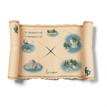 A pirate treasure map, featuring an old, weathered parchment with detailed illustrations of various islands. The map includes a prominent "X" marking the treasure location. Scattered across the map are several expanded form equations written in elegant script, which connect different locations, guiding the path to the treasure. The islands are adorned with lush greenery, rocky shores, and mysterious caves. Nautical symbols such as compasses and sea monsters are illustrated around the edges, enhancing the adventurous theme of the treasure hunt.