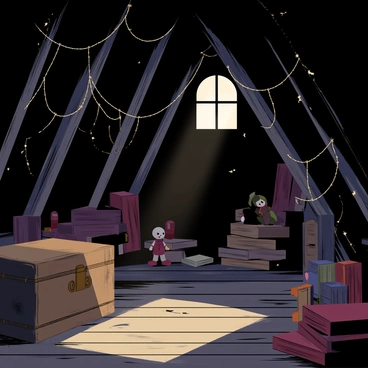 An attic filled with dark wooden beams and dusty floorboards. Cobwebs stretch across corners, glistening in dim light. Various forgotten antiques, including a cracked porcelain doll, an old trunk with rusty metal fittings, and worn-out books stacked haphazardly, are scattered throughout the space. The shadows cast by the objects create mysterious shapes along the walls. Dust particles float in the air, illuminated by slanted rays of light coming from a small, grimy window.