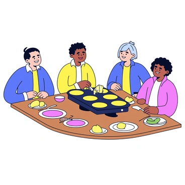 A family of four is gathered around a raclette grill. They are sitting at a wooden table with various ingredients laid out, including potatoes, pickles, and slices of cheese. The grill is in the center of the table, with melted cheese bubbling in small pans. The family members are smiling and engaged in conversation, with one person gently lifting a slice of melted cheese from the grill. Bright colored plates and utensils are scattered around, adding to the lively atmosphere of the gathering.