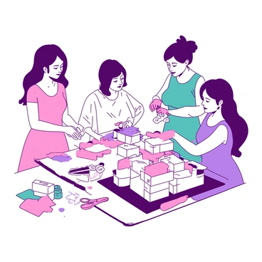A group of four bridesmaids is gathered around a large crafting table, focused on creating handmade wedding favors. One bridesmaid, wearing a pink dress, is carefully tying ribbons around small white boxes. Another bridesmaid, dressed in a teal dress, is gluing decorative flowers onto the boxes. A third bridesmaid, in a white dress, is arranging the finished favors into a neat stack. The fourth bridesmaid, wearing a purple dress, is adding personal tags to each box with the couple's names. The table is covered with various crafting supplies, including scissors, glue, and colorful papers.