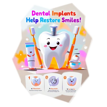A colorful poster designed for a child-friendly audience, featuring a large, smiling cartoon tooth in the center, holding a sparkling dental implant. Surrounding the tooth are cheerful characters like a cute toothbrush with big eyes, a happy tube of toothpaste, and a friendly dental floss character. The background is filled with whimsical designs, including clouds and stars, making it inviting. The poster includes the text "Dental Implants Help Restore Smiles!" in bold, vibrant letters at the top. Below the main characters, there are simple illustrations showing the steps of getting a dental implant, with arrows pointing to each step, and small captions explaining the process in kid-friendly language.