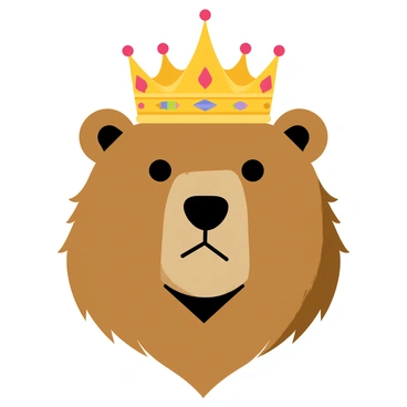 A bear head with thick, brown fur and a strong jawline is centered in the composition. The bear's eyes are fierce and intense, conveying strength and majesty. Perched atop the bear's head is a royal crown, elaborately designed and gleaming with an array of colorful jewels, including red rubies, blue sapphires, and green emeralds. The intricate details of the crown's golden filigree add to the regal appearance. The background is a simple gradient that enhances the focus on the bear head and the crown.