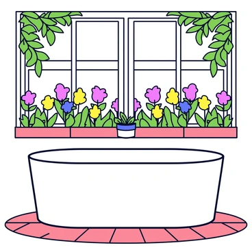 A freestanding white bathtub stands elegantly on a polished wooden floor. The tub has a modern shape with smooth lines and a curved edge. Large windows behind the bathtub reveal a vibrant blooming garden, filled with colorful flowers in shades of pink, yellow, and purple. Lush green leaves frame the windows, allowing soft sunlight to filter into the room. A small potted plant sits on the edge of the bathtub, adding a touch of greenery to the scene.