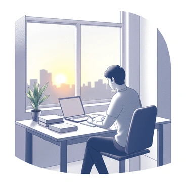 A student sitting at a desk near a window. The desk is cluttered with books and a laptop, and the student is focused on writing in a notebook. The window shows a view of a sunset, with the light creating shadows on the room's interior. The student is surrounded by a few indoor plants, adding to the study atmosphere. The warm light from the setting sun contrasts with the black and white elements of the scene.