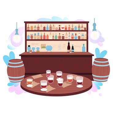 A rustic bar made of dark wood features an assortment of whiskey bottles displayed on shelves behind the counter. A wooden tasting table is set up in front of the bar, with several small glasses filled with various shades of whiskey, ranging from amber to deep brown. There are tasting notes on rustic paper placed beside each glass. The ambiance is warm and inviting, with low-hanging pendant lights casting a soft glow. Wooden barrels are positioned around the area, adding to the rustic charm of the venue.