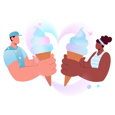 Two cartoon friends are standing side by side, each holding one side of a large heart-shaped ice cream cone. The ice cream cone is topped with swirls of various pastel colors, blending harmoniously together. One friend is wearing a bright cap and a short-sleeved shirt with playful patterns, while the other friend has a colorful headband and a tank top with stripes. They are both looking enthusiastically at the ice cream cone, with their arms slightly outstretched towards it. A soft gradient pastel background complements the scene, creating a cheerful atmosphere.