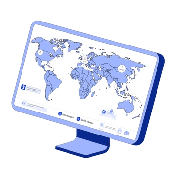 A digital platform for trading carbon credits is displayed on a computer screen. The interface showcases a world map with various countries marked, highlighting regions where carbon credits can be traded. There are graphs and charts indicating carbon credit prices and trends in different markets. Users can be seen interacting with the platform through click actions, with icons representing transactions and notifications. At the bottom of the screen, there are options for account management and market analysis tools. Overall, the scene conveys a sense of global connectivity and environmental responsibility.