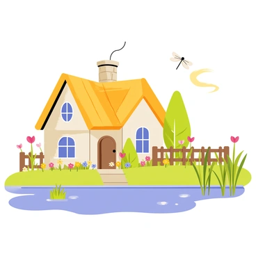 A fairy tale cottage with a thatched roof and wooden beams sits beside a tranquil marsh. The cottage has round, leaded glass windows and a small stone chimney with smoke curling up into the sky. Colorful flowers bloom in the garden surrounding the cottage, while a wooden fence encloses the area. The marsh features tall grasses and reflective water, with dragonflies flitting above the surface. A gentle, golden light casts a warm glow over the scene, enhancing the enchanting atmosphere.