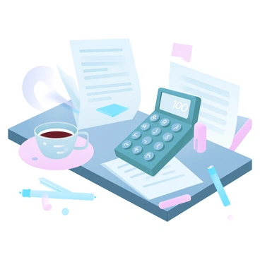 An accountant's desk is cluttered with a variety of papers, some neatly stacked while others are scattered. A calculator sits prominently among the documents, displaying numbers on its screen. Next to the calculator is a cup of coffee, steaming gently, with a simple design. The desk itself features a wooden texture, and there are subtle hints of stationery items, such as pens and sticky notes, adding to the overall scene.