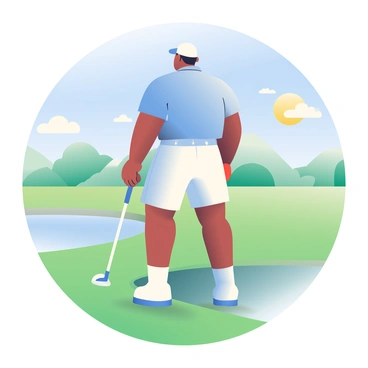 Michael Jordan, a man with darker skin, is seen relaxing on a golf course. He is wearing a light blue golf polo shirt, white shorts, and a white baseball cap. He is holding a golf club in his right hand, while his left hand rests casually on his hip. In the background, a clear blue sky is visible, and the sun is casting soft shadows on the green grass. There are a few white fluffy clouds scattered across the sky. The golf course features lush, well-manicured fairways and a small pond reflecting the surroundings.